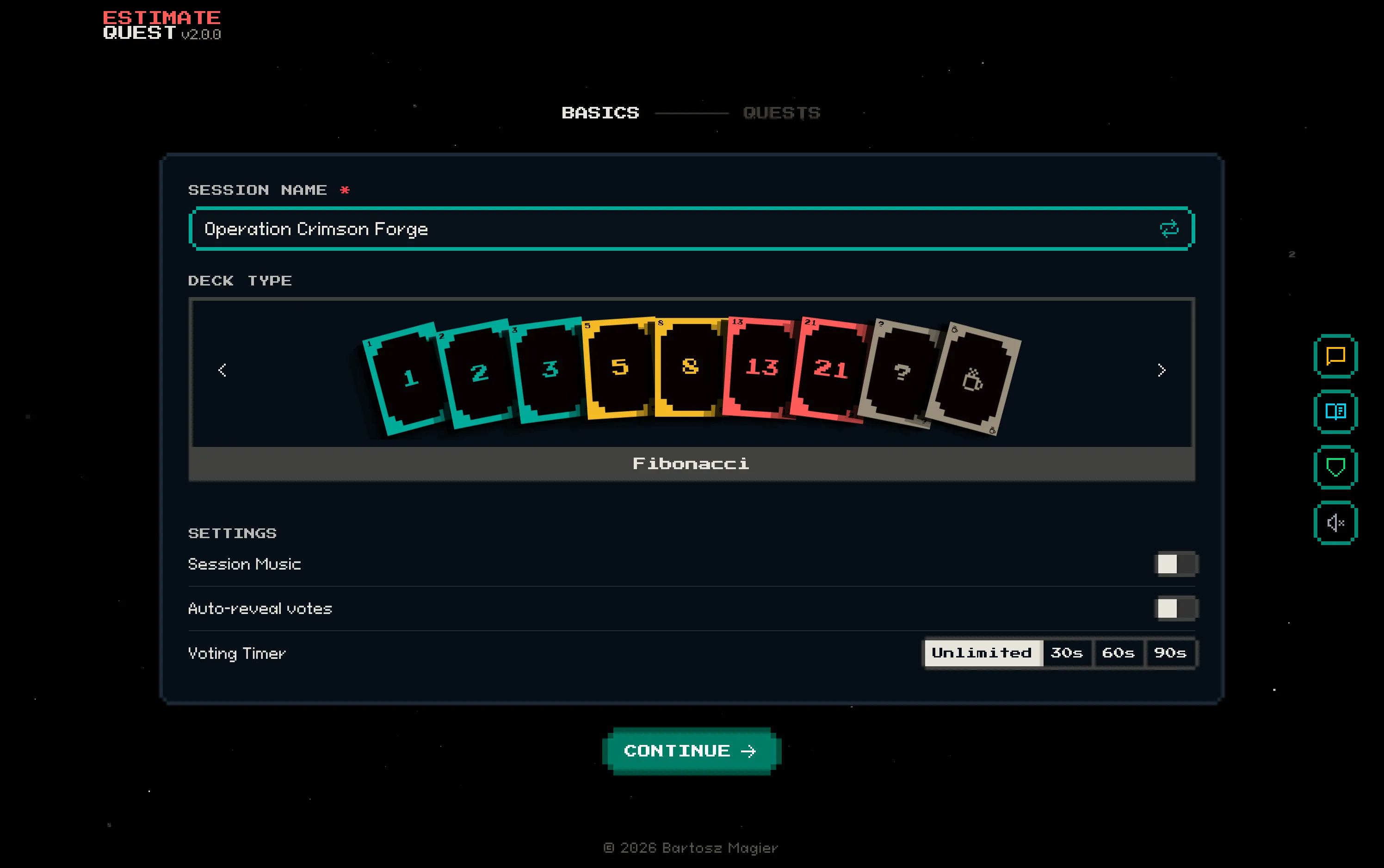 Session creation form showing session name, deck type, and settings