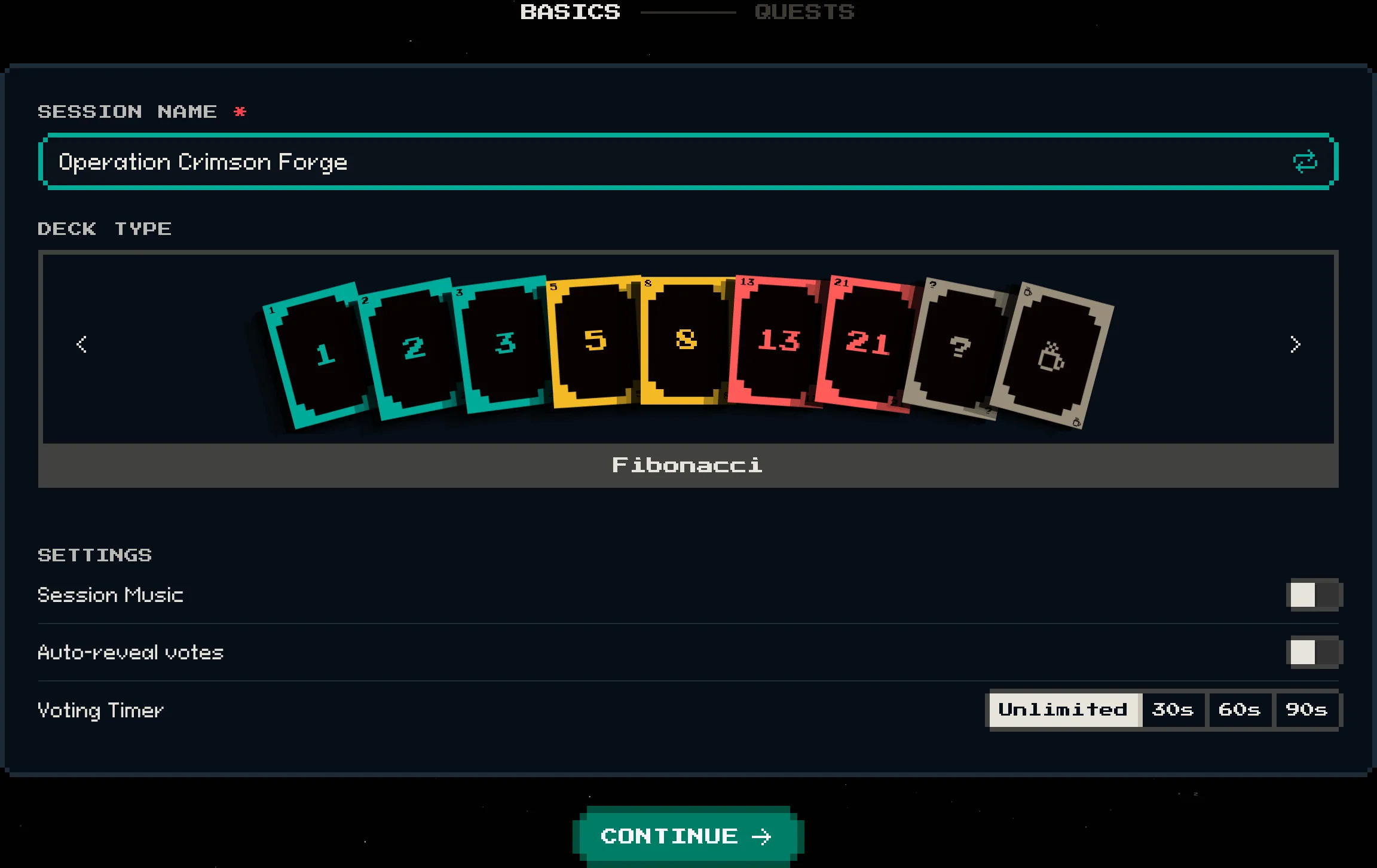 Session creation form with session name, deck type, and settings