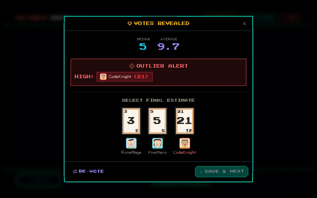 Revealed votes showing each player's card face-up with consensus indicator