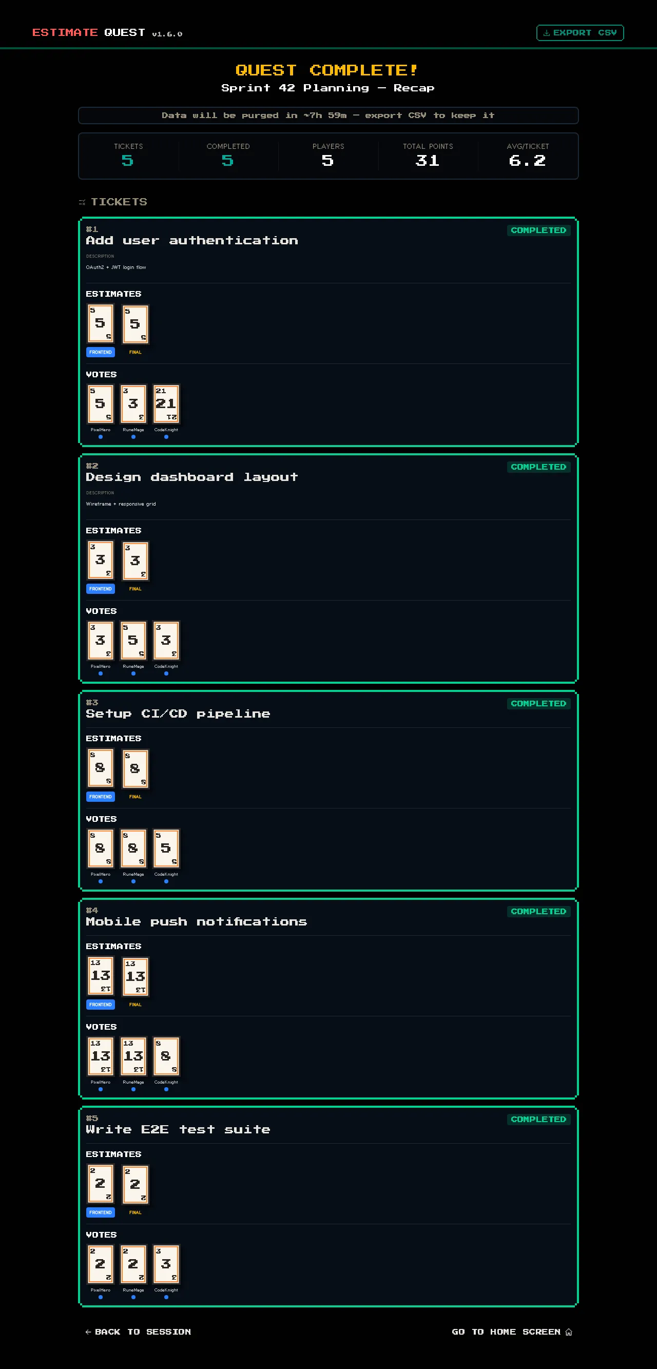 Session recap page with ticket breakdown, group estimates, and CSV export button