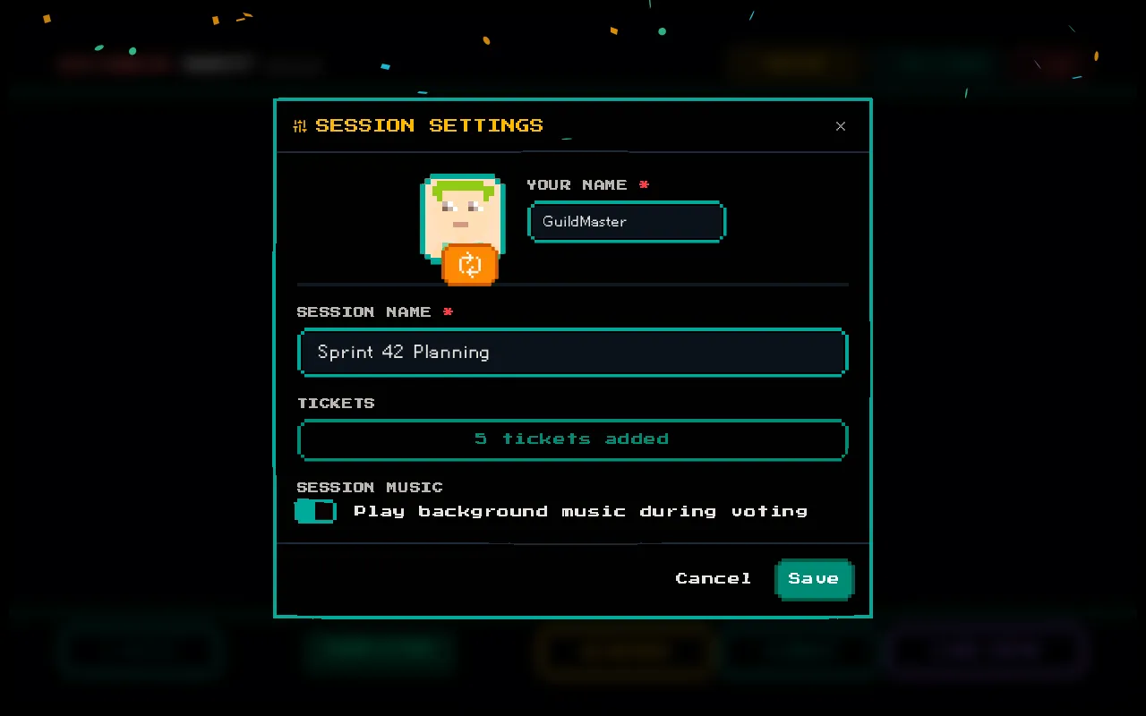 Session settings modal