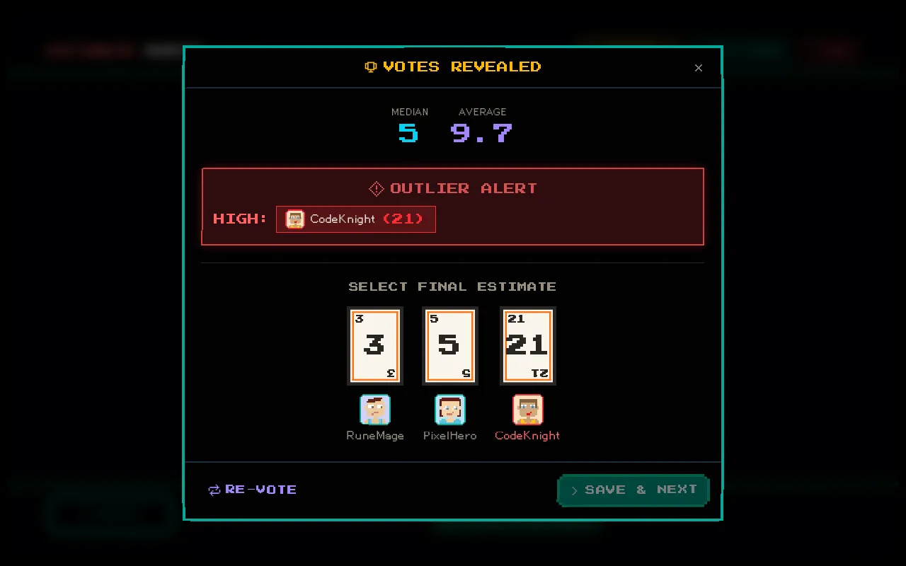 Vote summary modal showing consensus, individual votes, and statistics